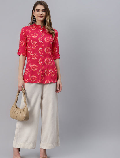 Pink Geometric Print Shirt Style Divena Top For Women