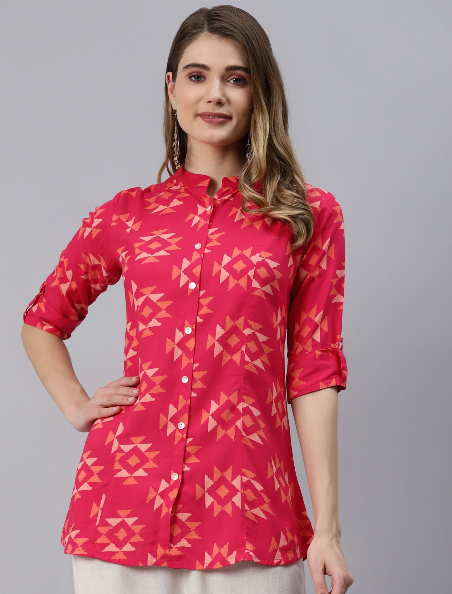 Pink Geometric Print Shirt Style Divena Top For Women