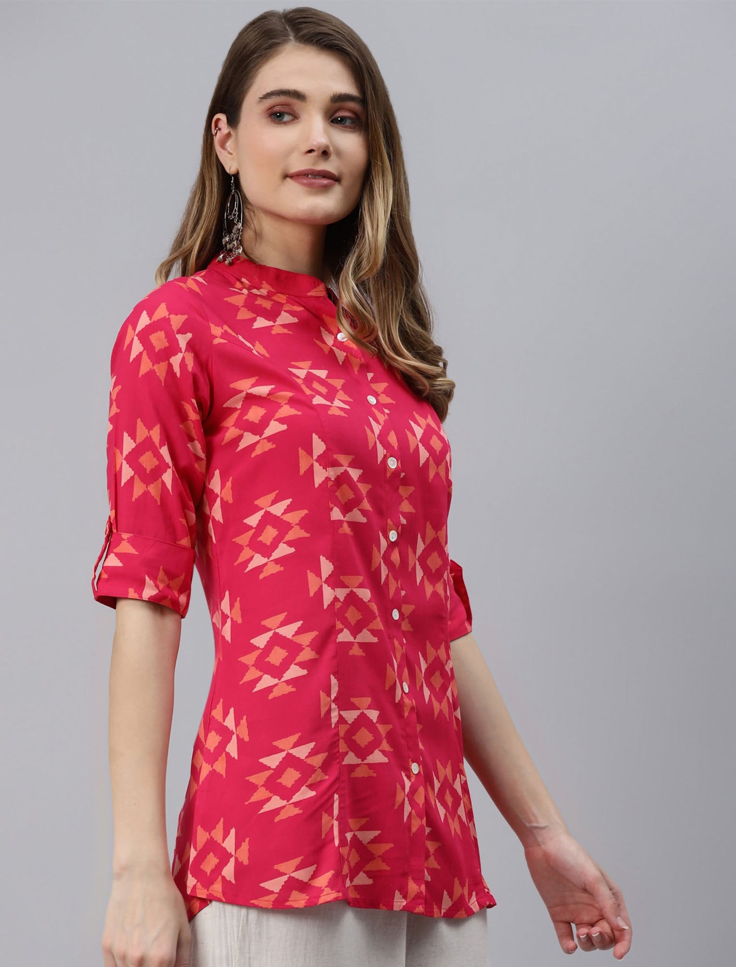 Pink Geometric Print Shirt Style Divena Top For Women