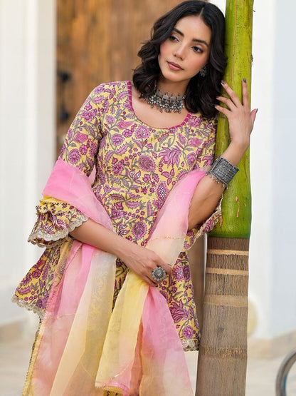 Yellow Floral Print Cotton Ethnic Kurta Sharara Set For Women