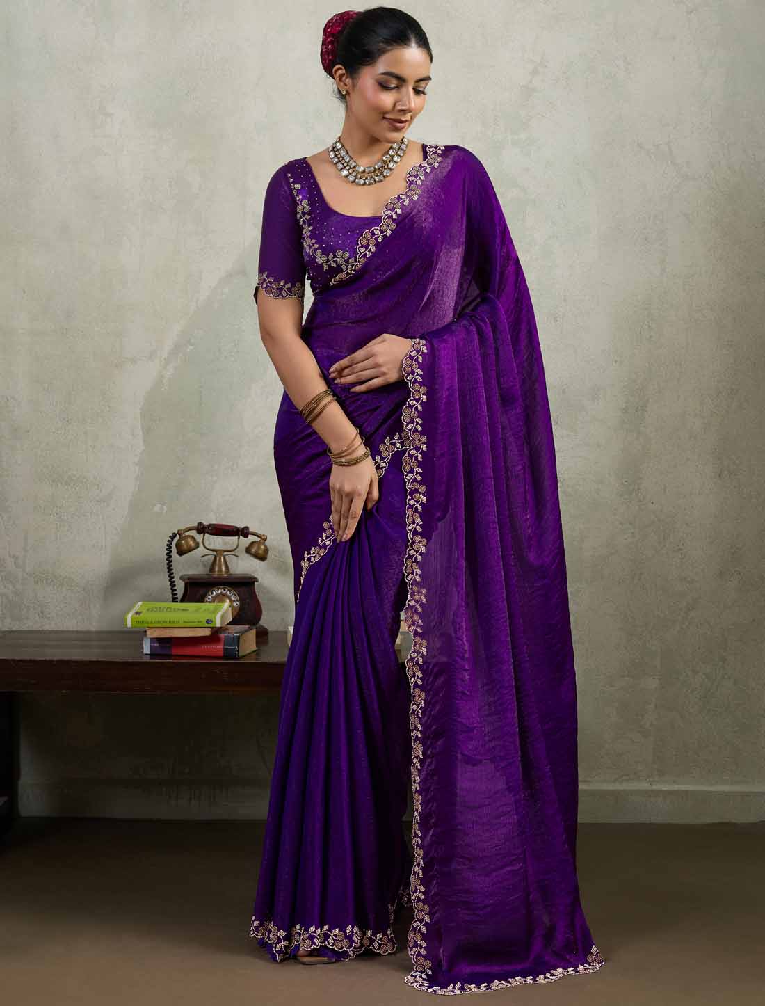 Ethnic Velvet Chiffon Dual Tone Zaekan Triple Layer Cutwork In C-Pallu
