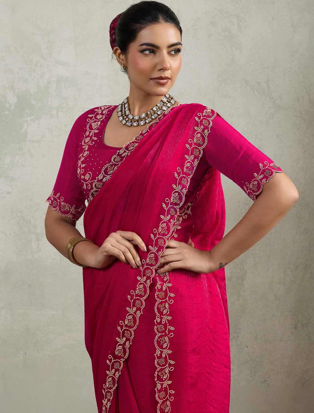Velvet Chiffon Dual Tone Zaekan Triple Layer Cutwork In C-Pallu Ethnic Saree