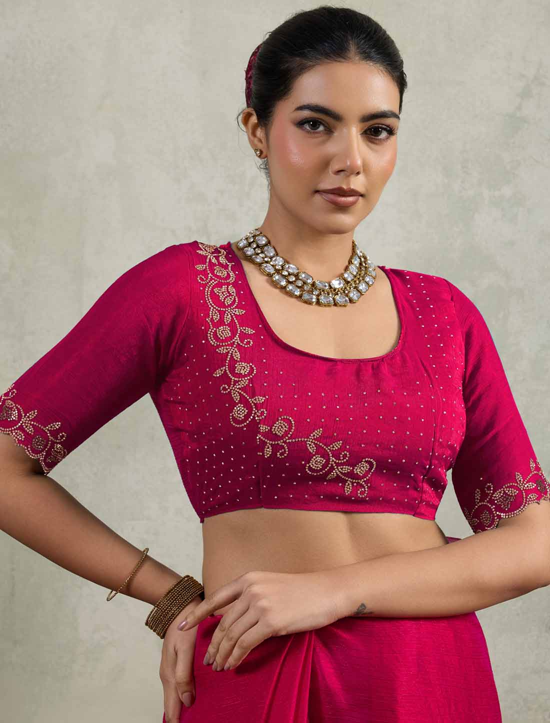 Velvet Chiffon Dual Tone Zaekan Triple Layer Cutwork In C-Pallu Ethnic Saree