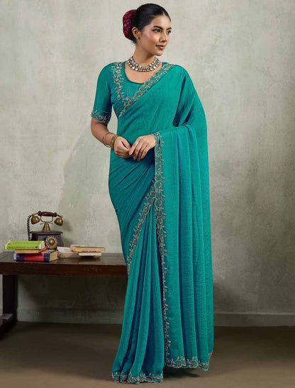 Velvet Chiffon Ethnic Dual Tone Zaekan Triple Layer Cutwork In C-Pallu Saree