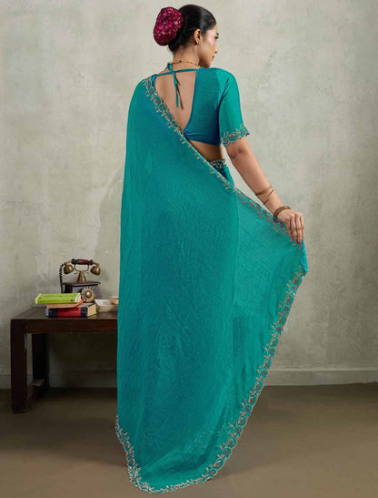 Velvet Chiffon Ethnic Dual Tone Zaekan Triple Layer Cutwork In C-Pallu Saree