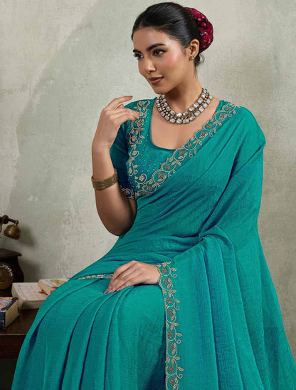 Velvet Chiffon Ethnic Dual Tone Zaekan Triple Layer Cutwork In C-Pallu Saree