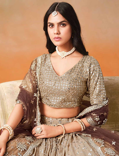 Brown Georgette Designer Sequins Zari Embroidered Ethnic Lehenga Choli