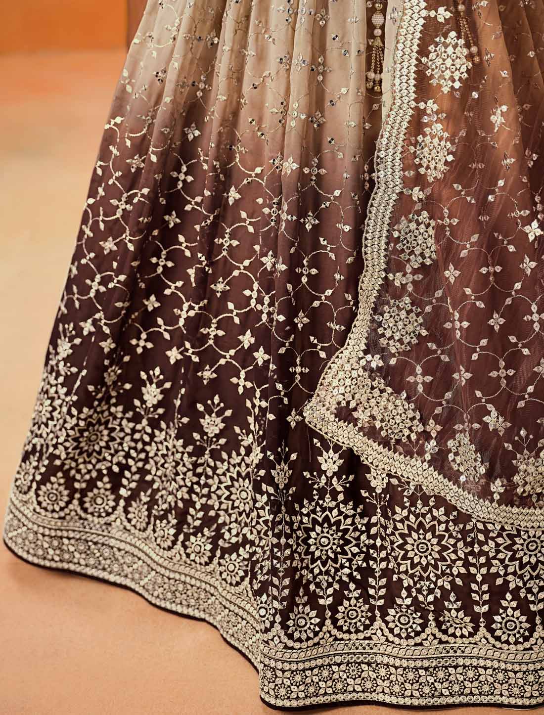 Brown Georgette Designer Sequins Zari Embroidered Ethnic Lehenga Choli