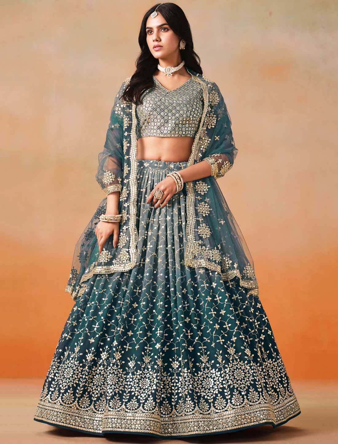 Blue Georgette Sequins Zari Embroidered Ethnic Lehenga Choli
