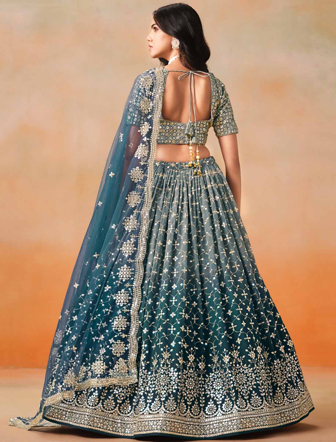 Blue Georgette Sequins Zari Embroidered Ethnic Lehenga Choli