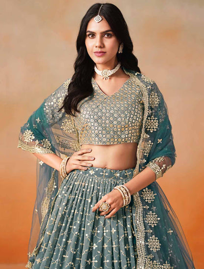 Blue Georgette Sequins Zari Embroidered Ethnic Lehenga Choli