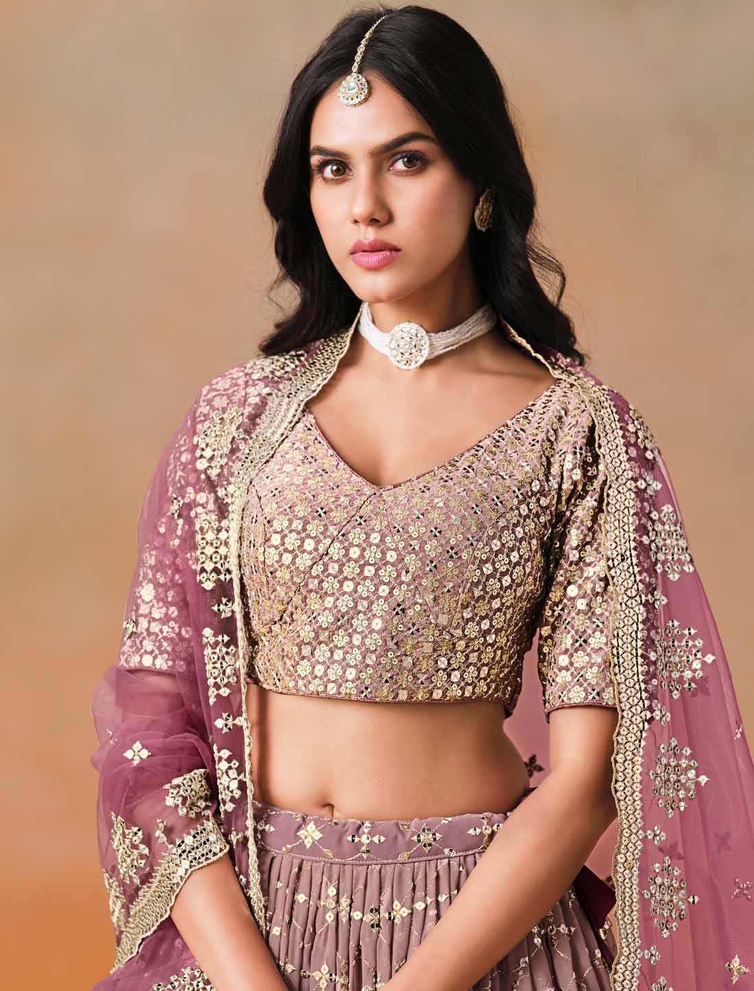 Maroon Designer Georgette Sequis Zari Embroidered Ethnic Lehenga Choli