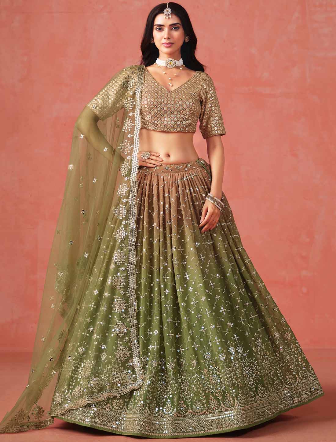 Designer Mehndi Georgette Sequins Zari Embroidered Ethnic Lehenga Choli