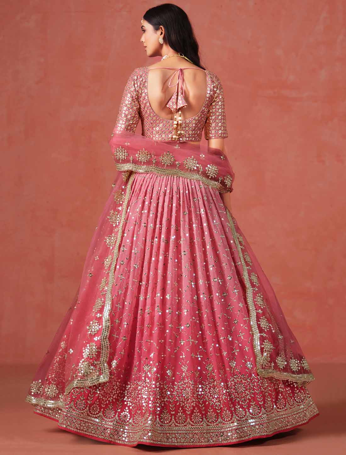 Peach Ethnic Georgette Sequins Designer Zari Embroidered Lehenga Choli