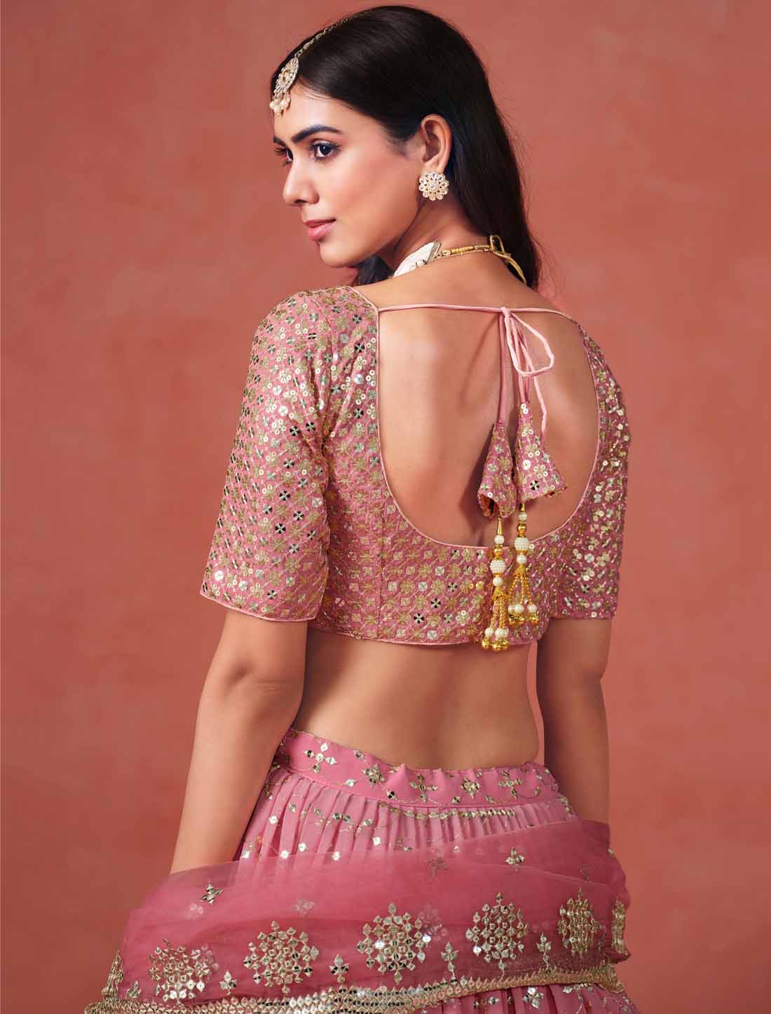 Peach Ethnic Georgette Sequins Designer Zari Embroidered Lehenga Choli