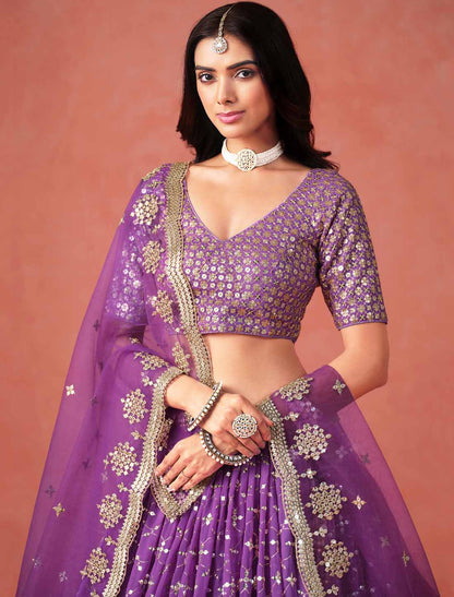 Purple Georgette Designer Ethnic Sequins Zari Embroidered Lehenga Choli