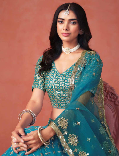 Rama Blue Georgette Sequins Zari Embroidered Ethnic Designer Lehenga Choli