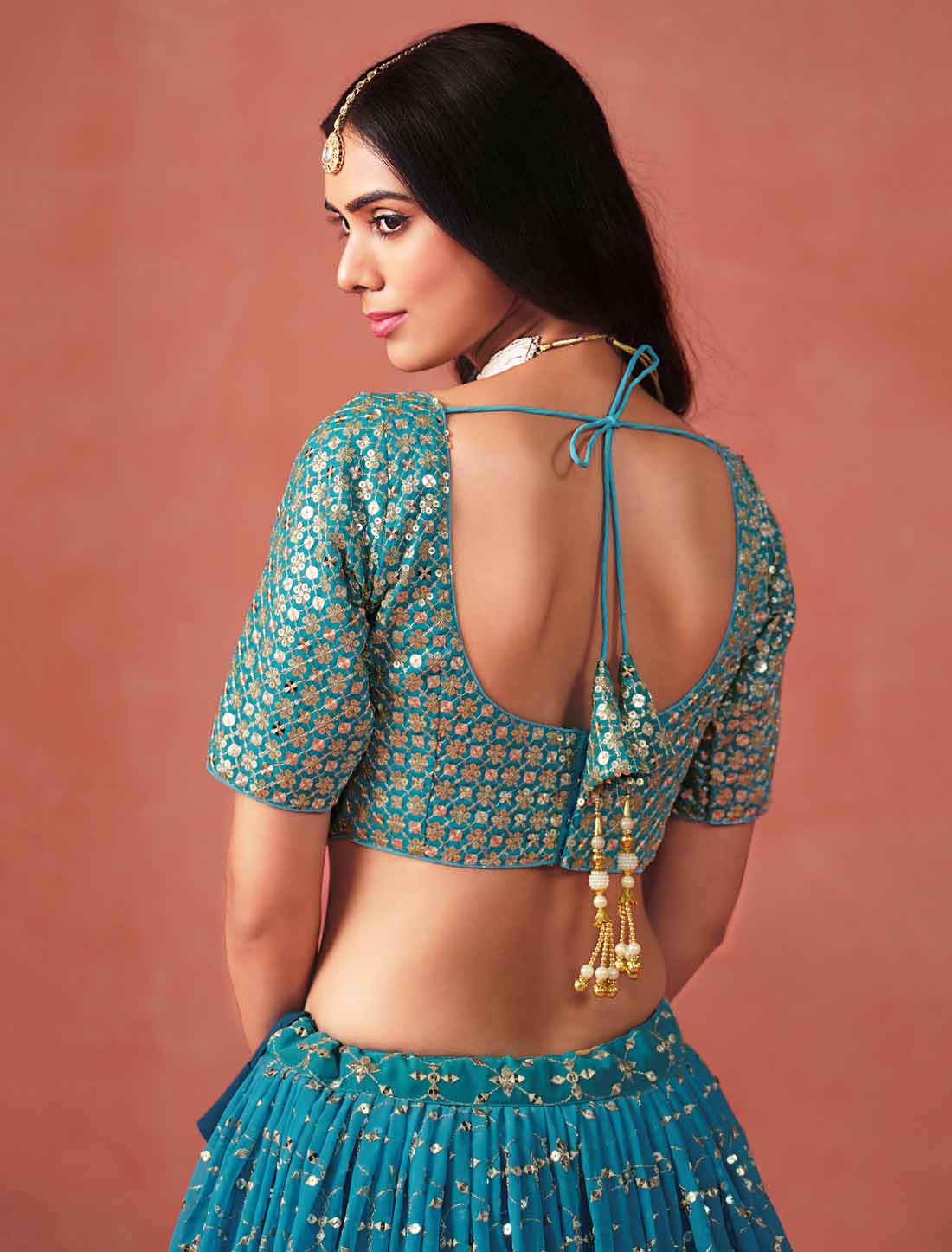 Rama Blue Georgette Sequins Zari Embroidered Ethnic Designer Lehenga Choli