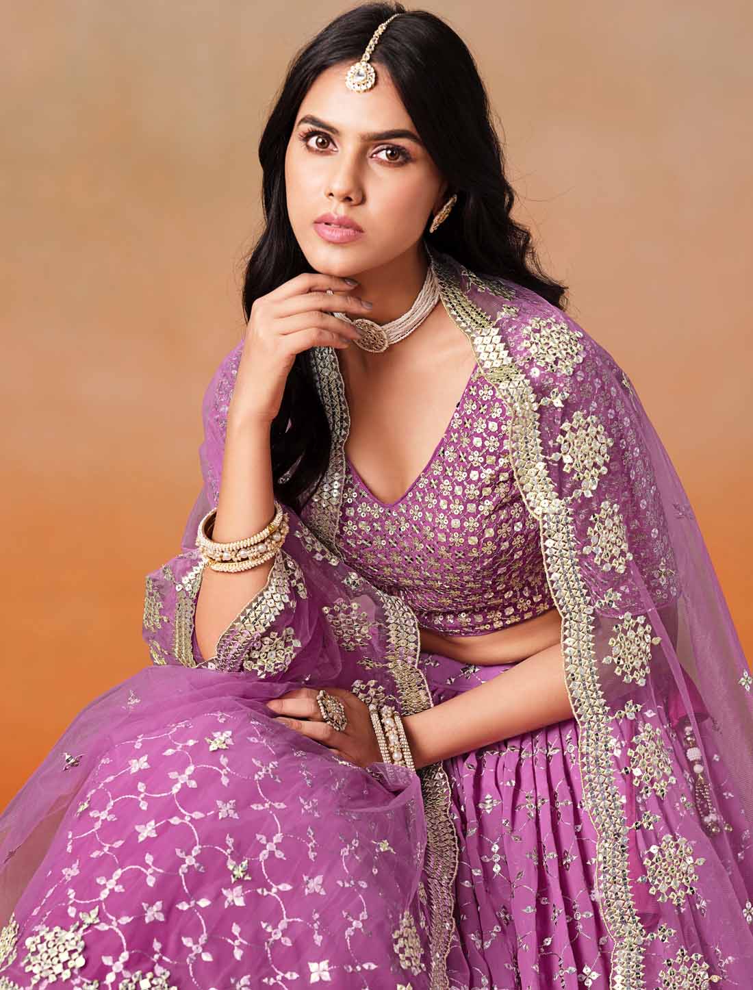 Pink Ethnic Georgette Sequins Zari Designer Embroidered Lehenga Choli