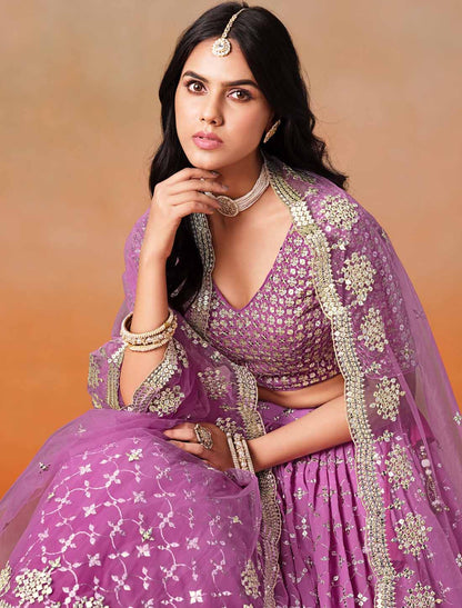 Pink Ethnic Georgette Sequins Zari Designer Embroidered Lehenga Choli