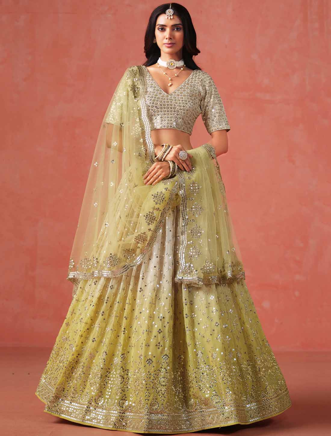 Ethnic Yellow Georgette Sequins Zari Designer Embroidered Lehenga Choli