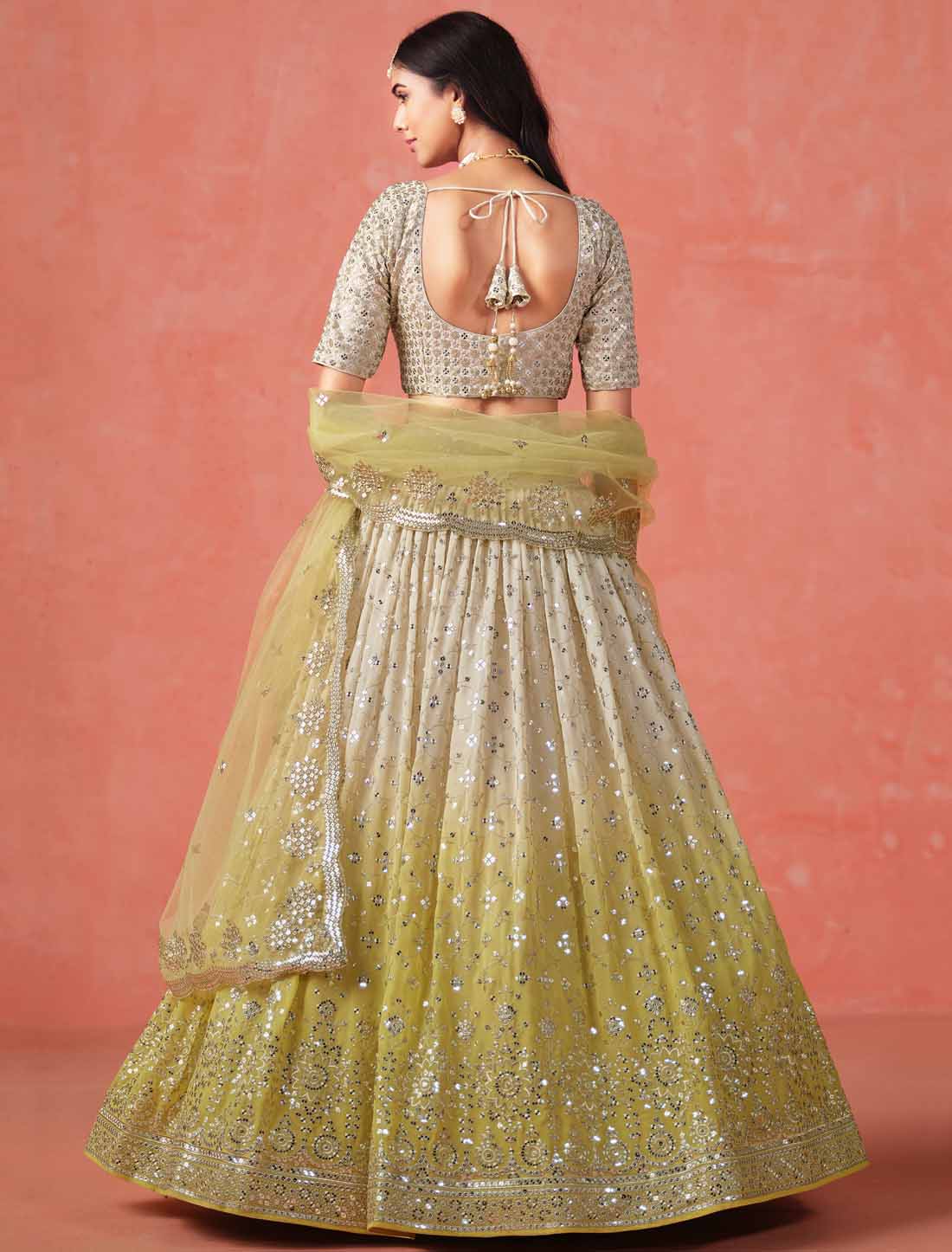 Ethnic Yellow Georgette Sequins Zari Designer Embroidered Lehenga Choli