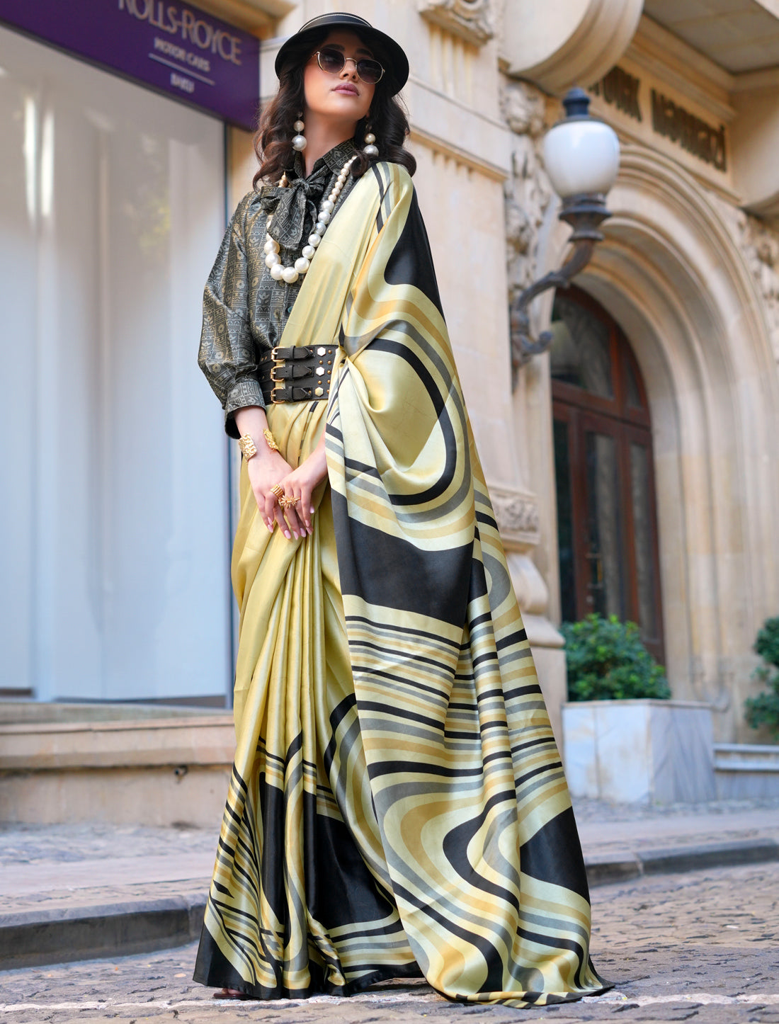Cream & Black Spanish Satin Modern Design Pranch Finish Ethnic Saree