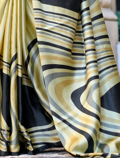 Cream & Black Spanish Satin Modern Design Pranch Finish Ethnic Saree