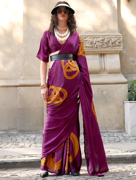 Maroon Spanish Satin Modern Design Pranch Finish Ethnic Saree