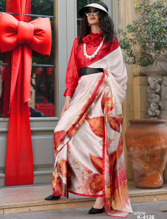 White & Red Spanish Satin Modern Design Pranch Finish Ethnic Saree