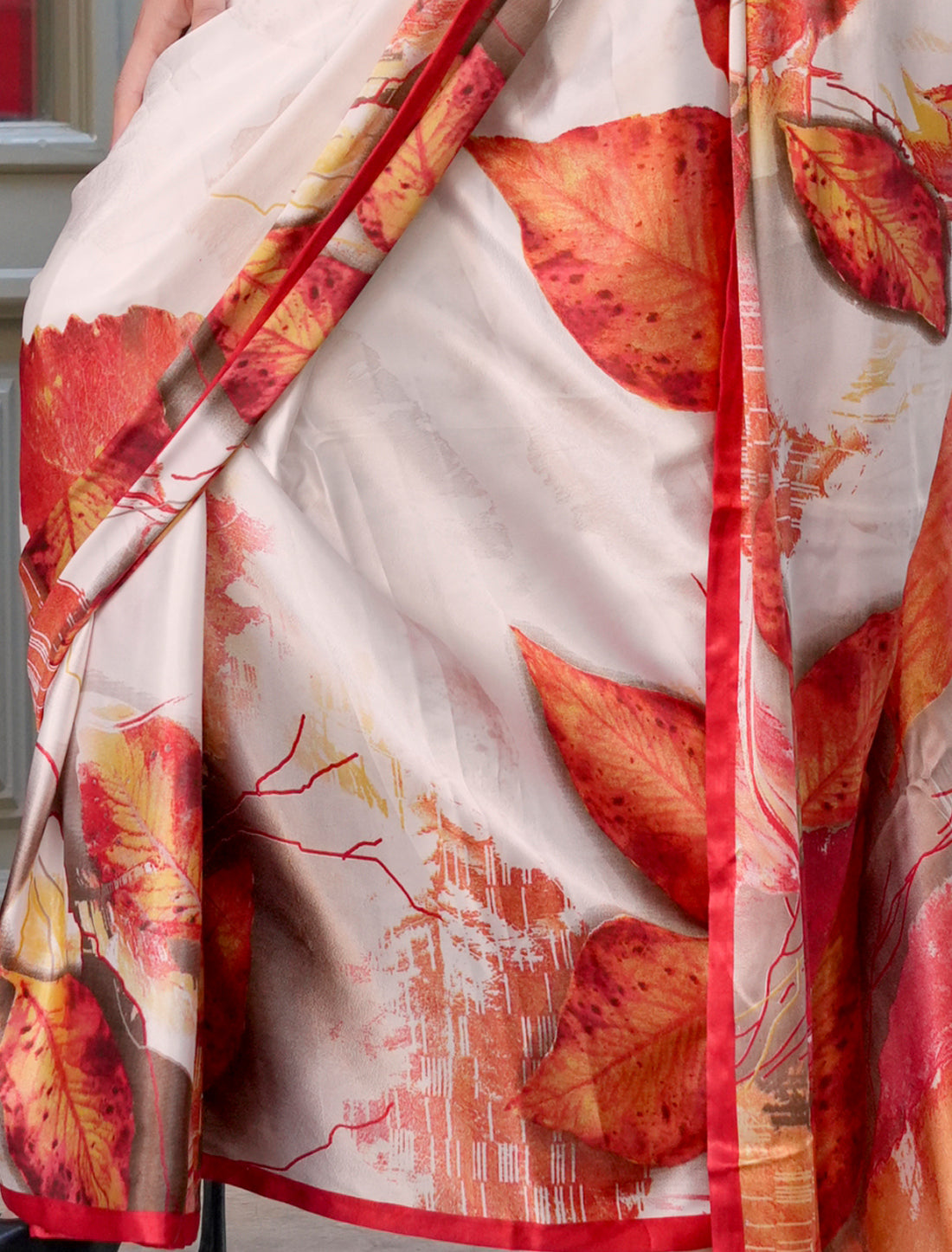 White & Red Spanish Satin Modern Design Pranch Finish Ethnic Saree