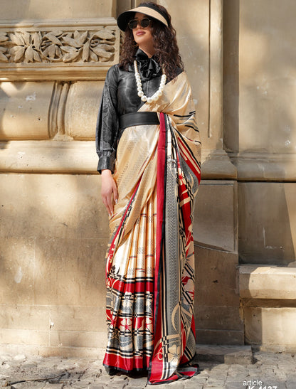 Cream & Black Spanish Satin Modern Design Pranch Finish Saree