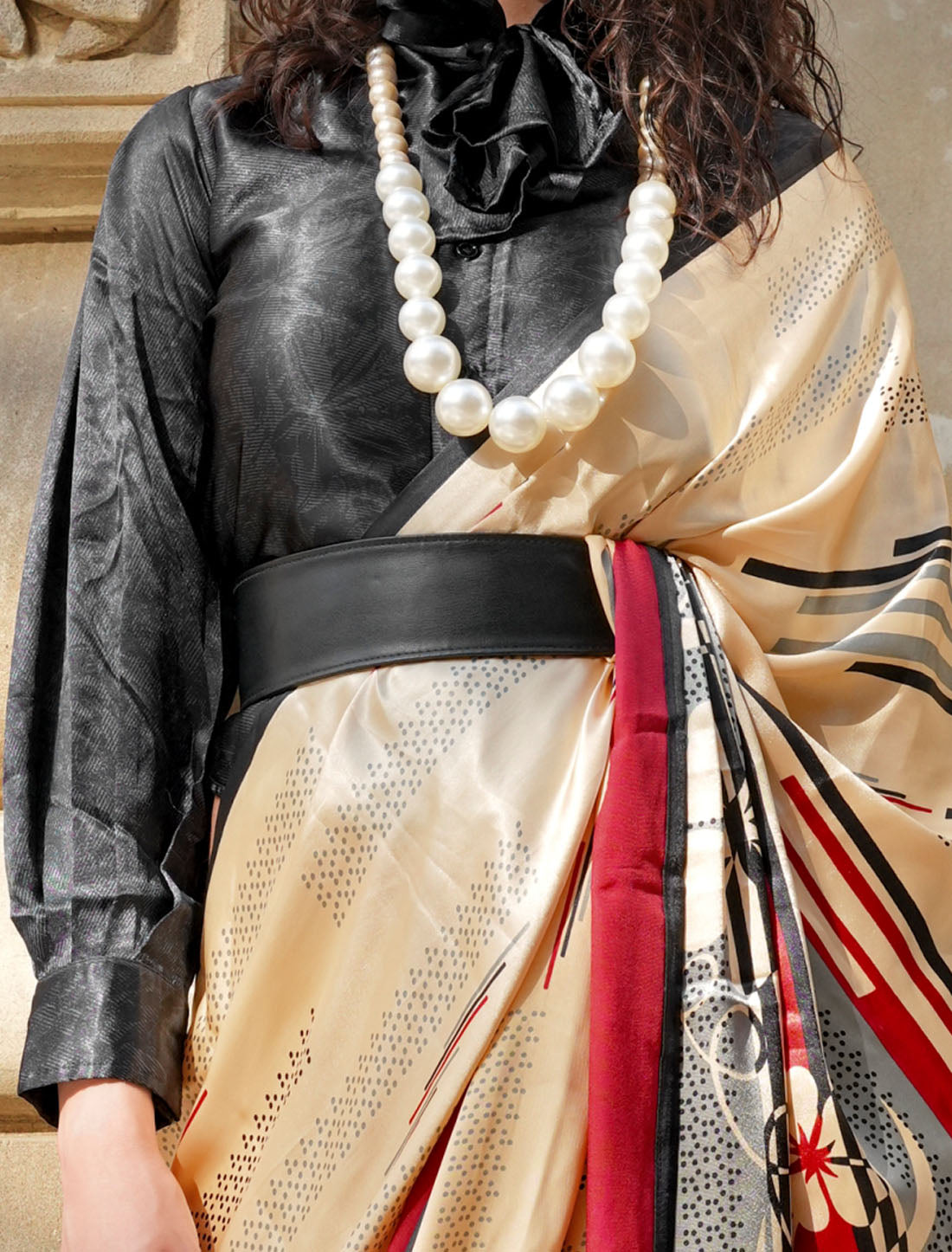 Cream & Black Spanish Satin Modern Design Pranch Finish Saree