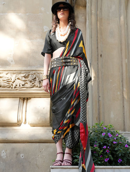 Black Spanish Satin Modern Design Pranch Finish Ethnic Saree