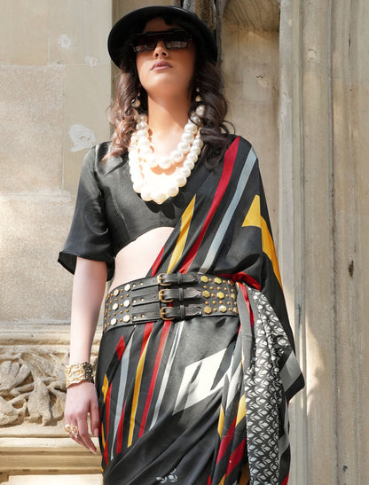 Black Spanish Satin Modern Design Pranch Finish Ethnic Saree