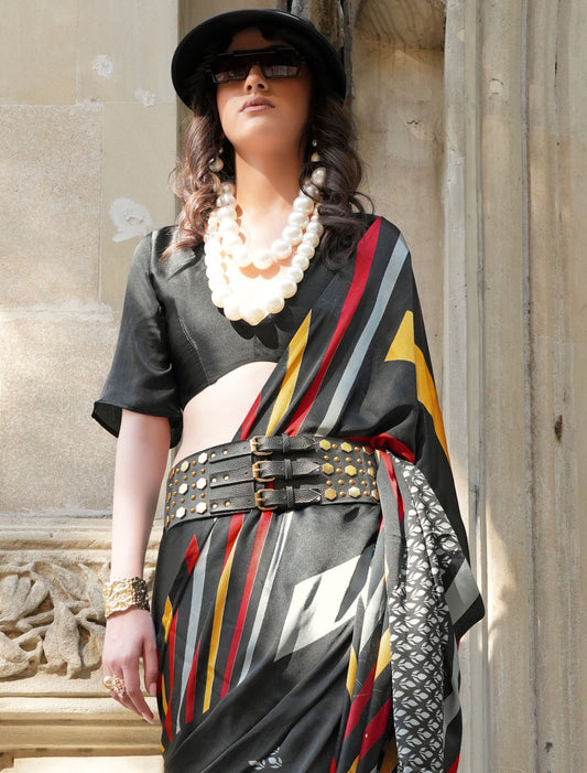 Black Spanish Satin Modern Design Pranch Finish Ethnic Saree