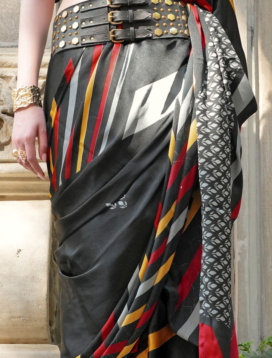 Black Spanish Satin Modern Design Pranch Finish Ethnic Saree
