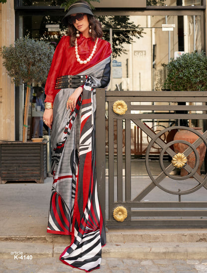 Gey & Red Spanish Satin Modern Design Pranch Finish Ethnic Saree