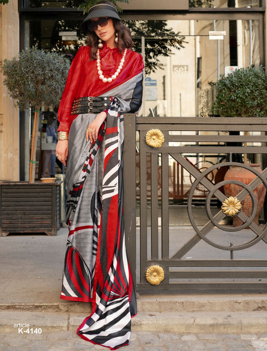 Gey & Red Spanish Satin Modern Design Pranch Finish Ethnic Saree