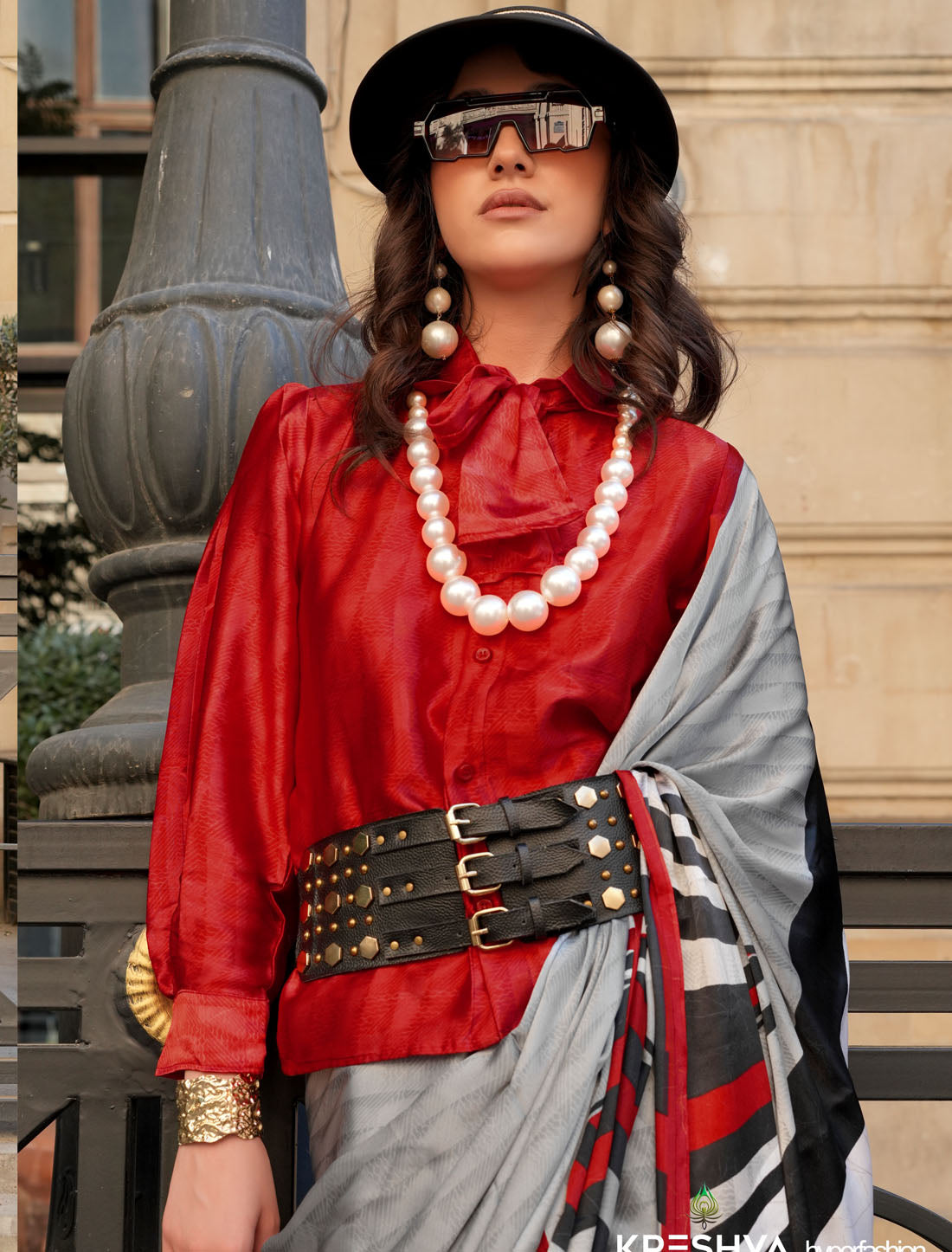 Gey & Red Spanish Satin Modern Design Pranch Finish Ethnic Saree