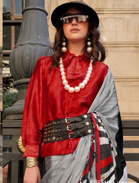 Gey & Red Spanish Satin Modern Design Pranch Finish Ethnic Saree