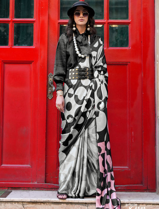 White & Black Spanish Satin Modern Design Pranch Finish Ethnic Saree