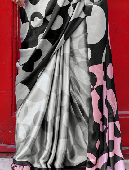 White & Black Spanish Satin Modern Design Pranch Finish Ethnic Saree