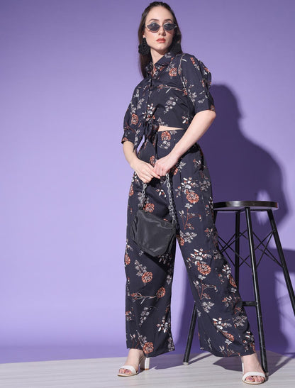 Black Opulent Women Platinum Crepe Print Co-ord Sets For Women