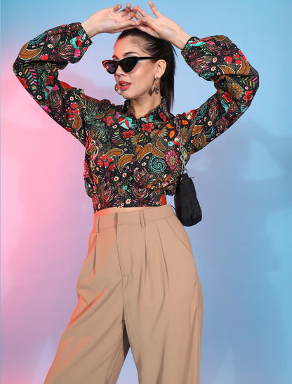 Black Ethereal Crepe Printe Work & Designer Women Top