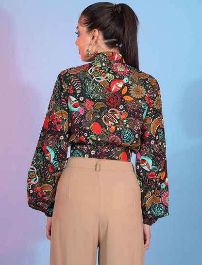 Black Ethereal Crepe Printe Work & Designer Women Top