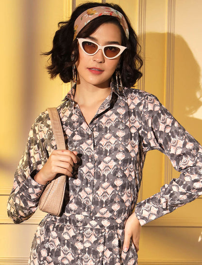 Grey Ethereal Platinum Crape Print Co-ord Sets For Women