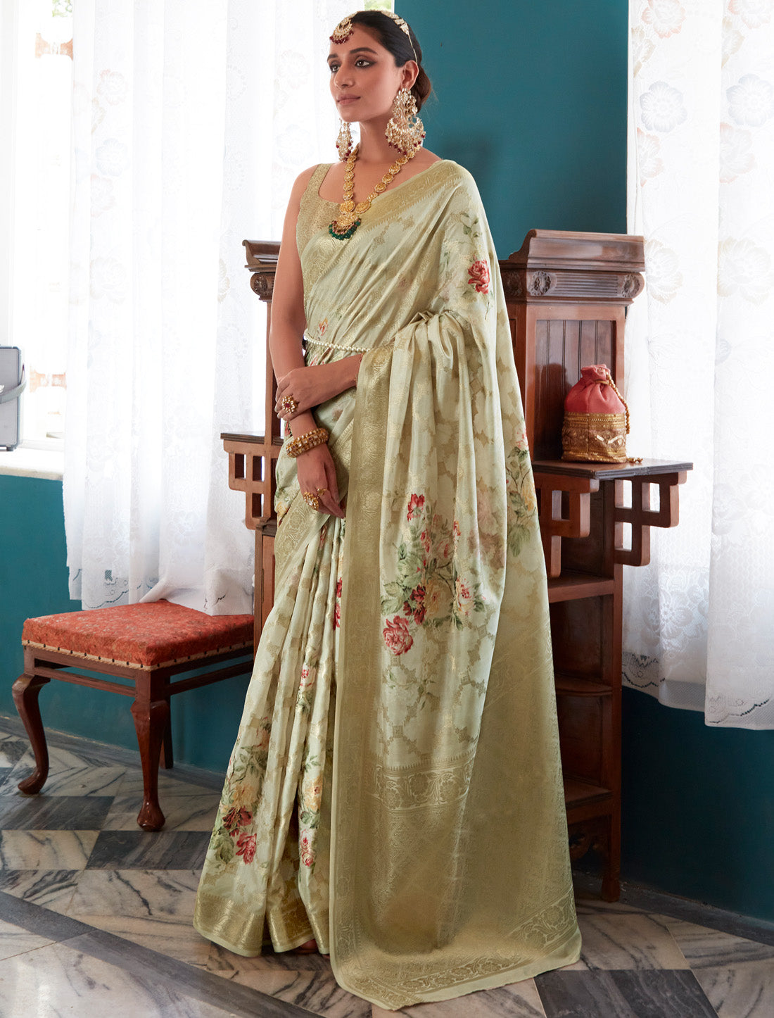 Light Green Soft Silk Designer Party Wear Ethnic Saree