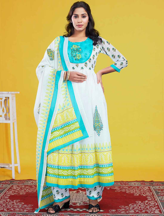Ethnic White & Blue Mal Cotton Elegant Comfortable Salwar Suits