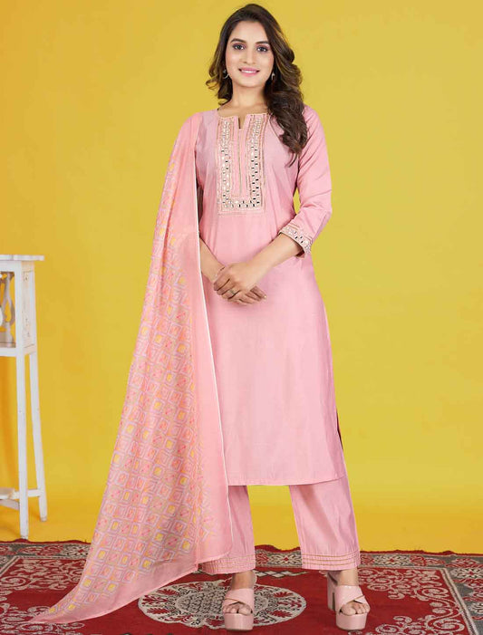 Ethnic Pink Roman Silk Elegant And Comfortable Salwar Suits